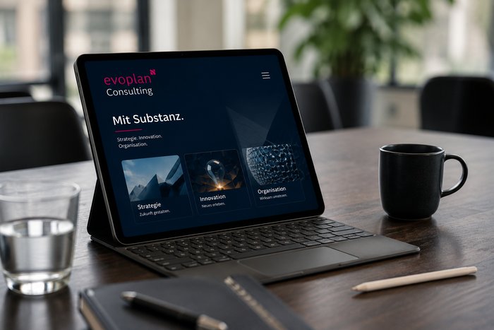 evoplan Website auf Tablet im Besprechungsraum